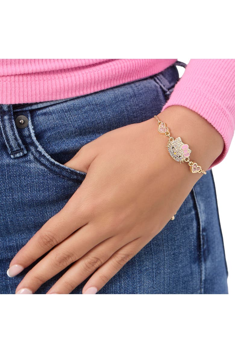Adjustable Bracelet with Pave Pink Bow & Crystals, Alternate, color, Gold Tone