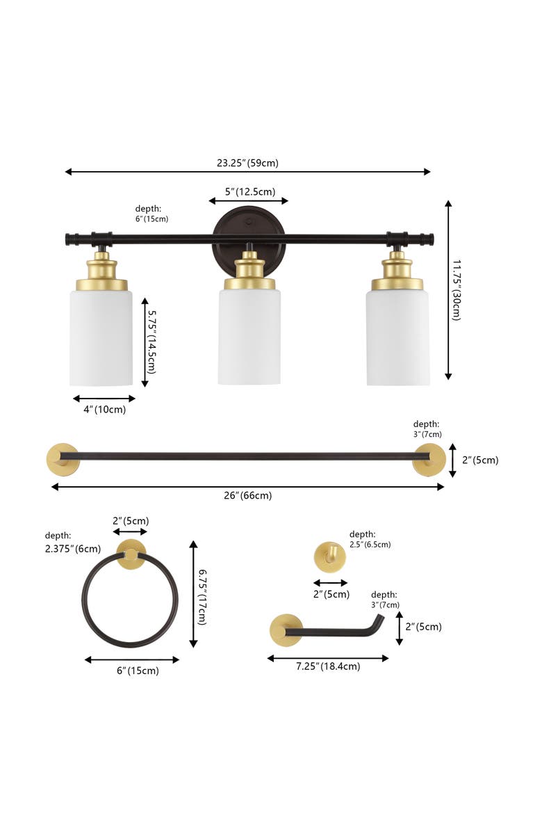 JONATHAN Y Egan 23.25" 3-Light Classic Cottage Vanity Light with Frosted Glass Shades and Bathroom Hardware Accessory Set, Alternate, color,