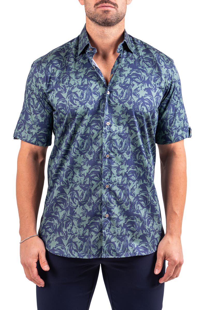 Maceoo Galileo Resistance0302 Green Short Sleeve Cotton Button-Up Shirt, Main, color, 