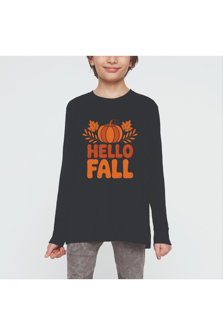 Hello Fall Pumpkin Long Sleeve T-Shirt (Little Kid & Big Kid), Alternate, color, Black