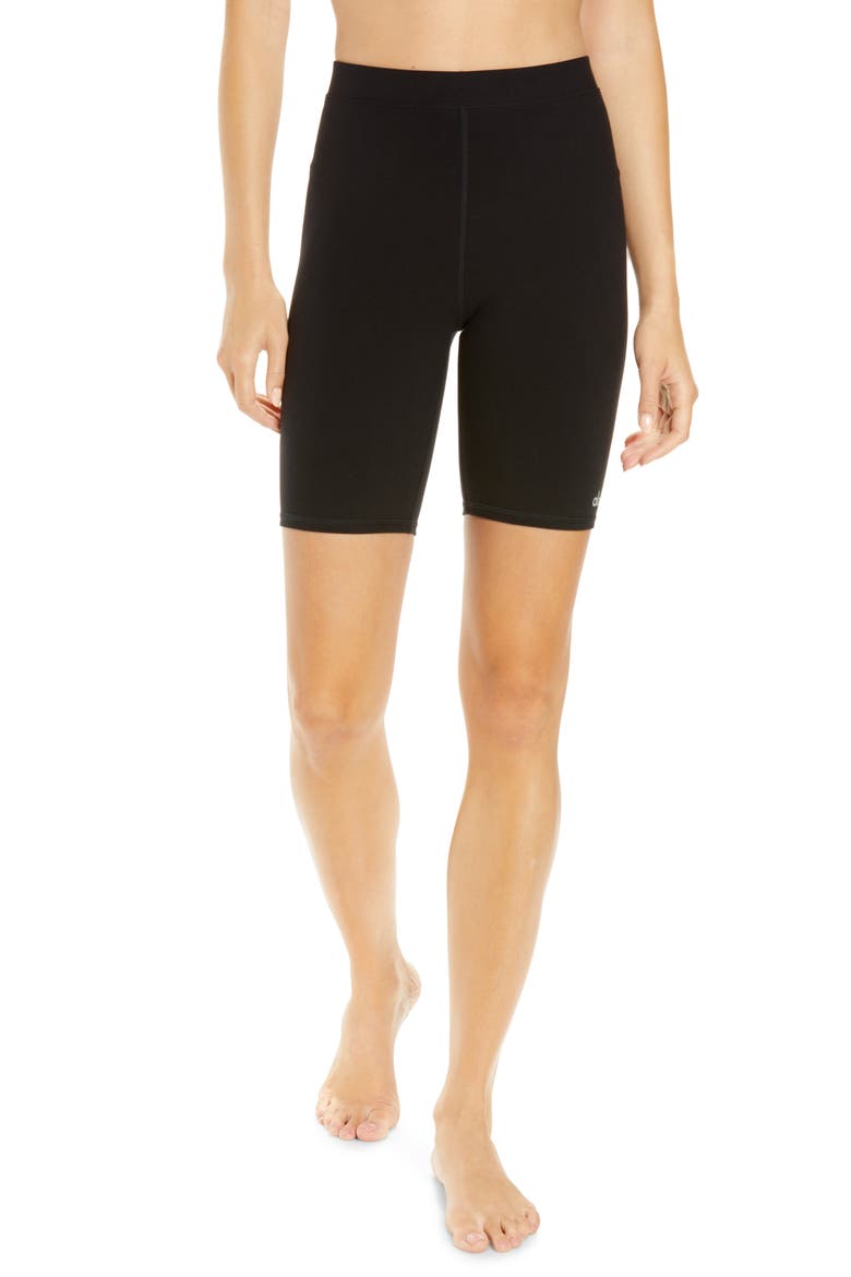 Flow High Waist Alosoft Bike Shorts, Main, color, BLACK