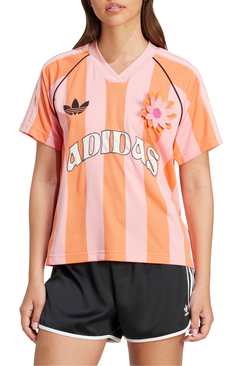 adidas Originals Floral Appliqué Stripe Mesh Soccer Jersey, Main, color, Pink Spark/ Solar Orange
