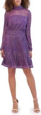 Kensie High Neck Shimmer Long Sleeve Dress
