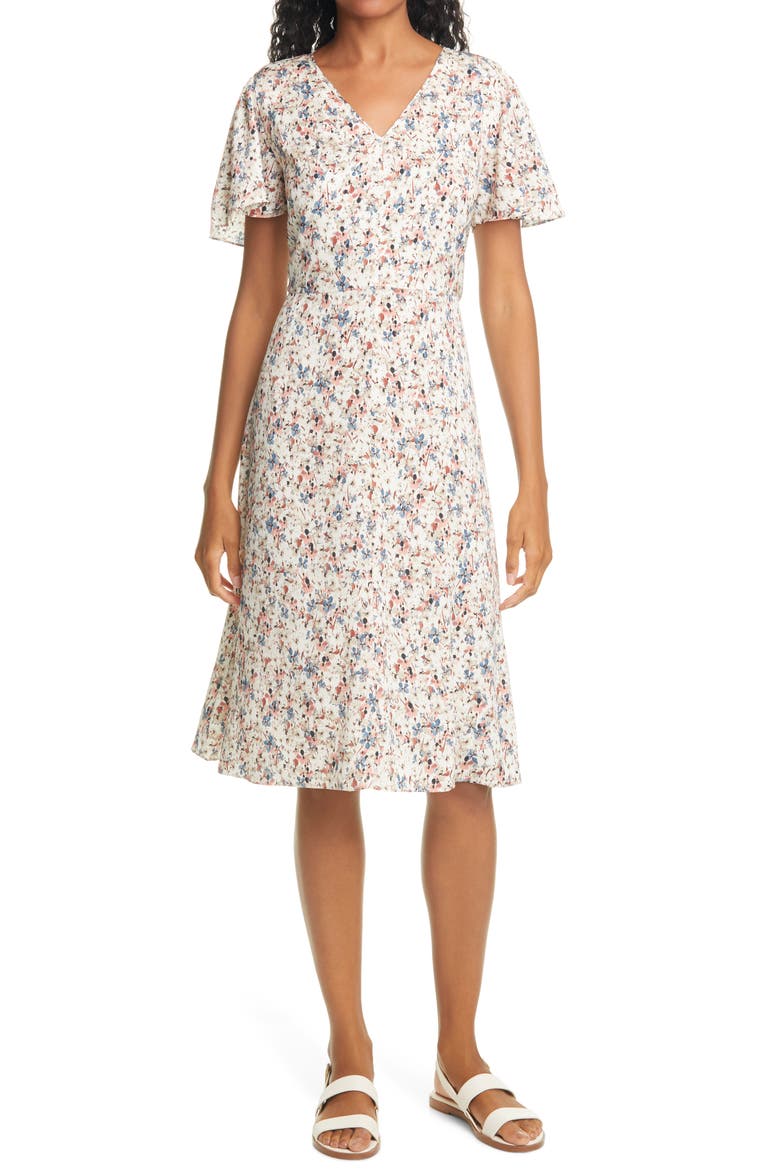 Flutter Sleeve Stretch Silk Dress, Main, color, IVORY MULTI ROSIE FLORAL