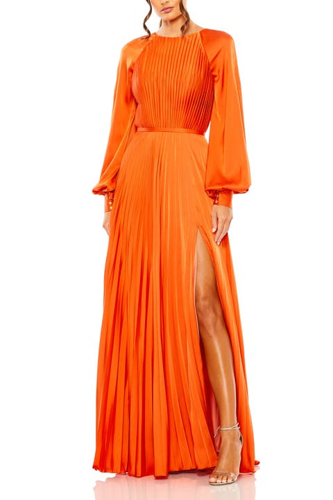 Women's Pleated High Neck Raglan Long Sleeve Side Slit Gown