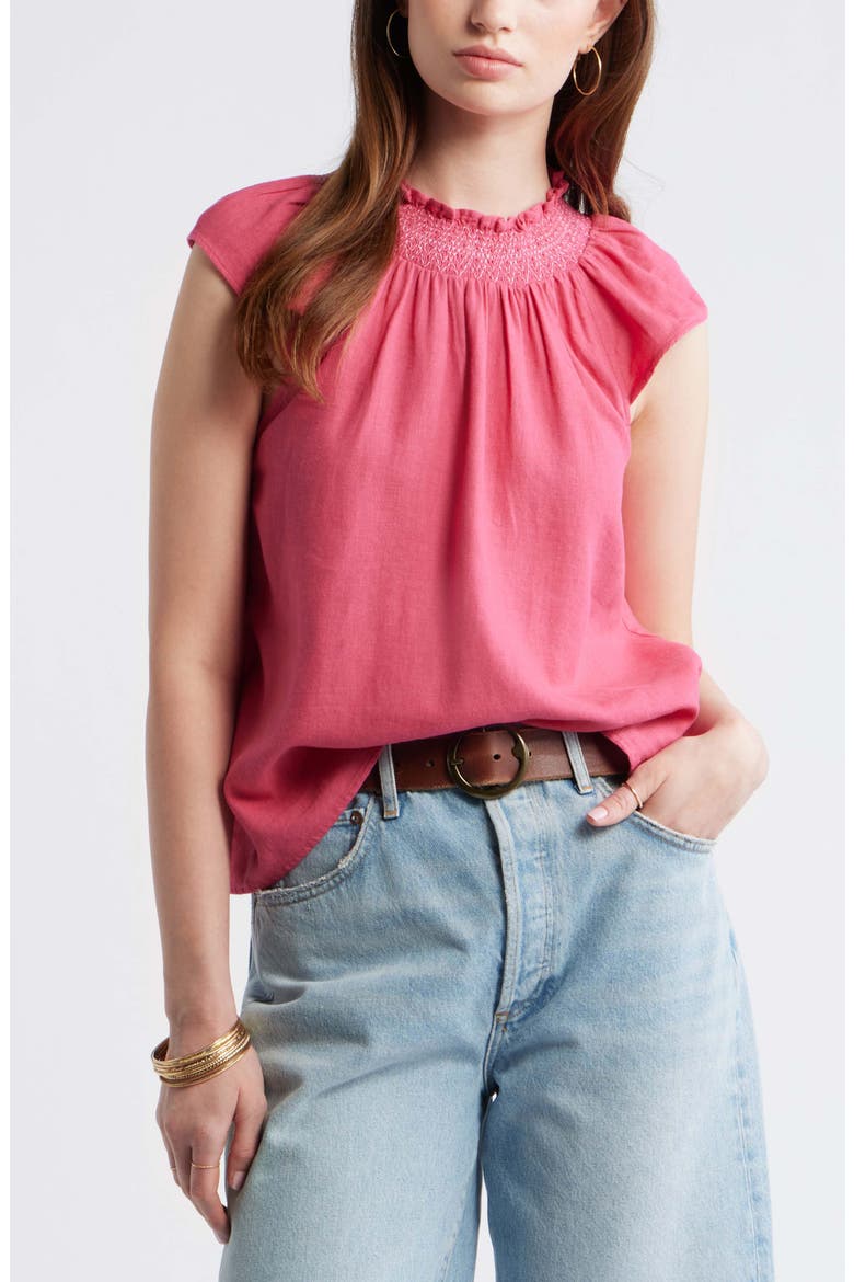 Smocked Neck Linen Blend Top, Main, color, PINK CARMINE