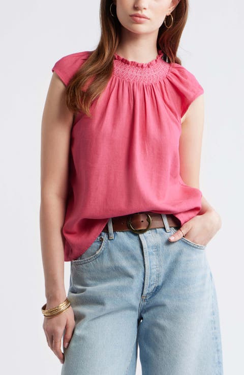 Smocked Neck Linen Blend Top