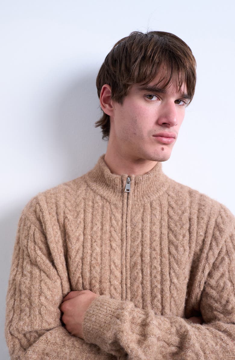 Topman Cable Knit Zip Cardigan, Alternate, color, Tan