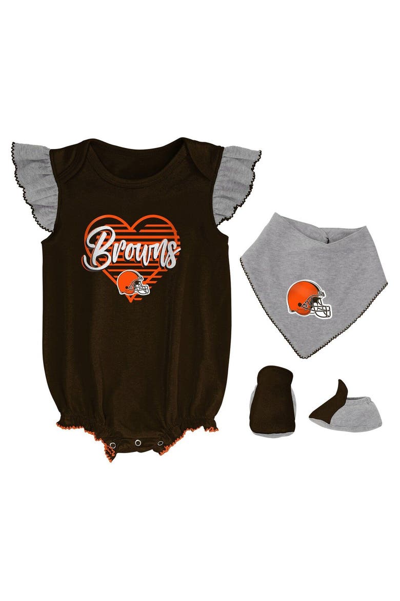 Girls Newborn & Infant Brown/Heathered Gray Cleveland Browns All The Love Bodysuit Bib & Booties Set, Main, color, Brown