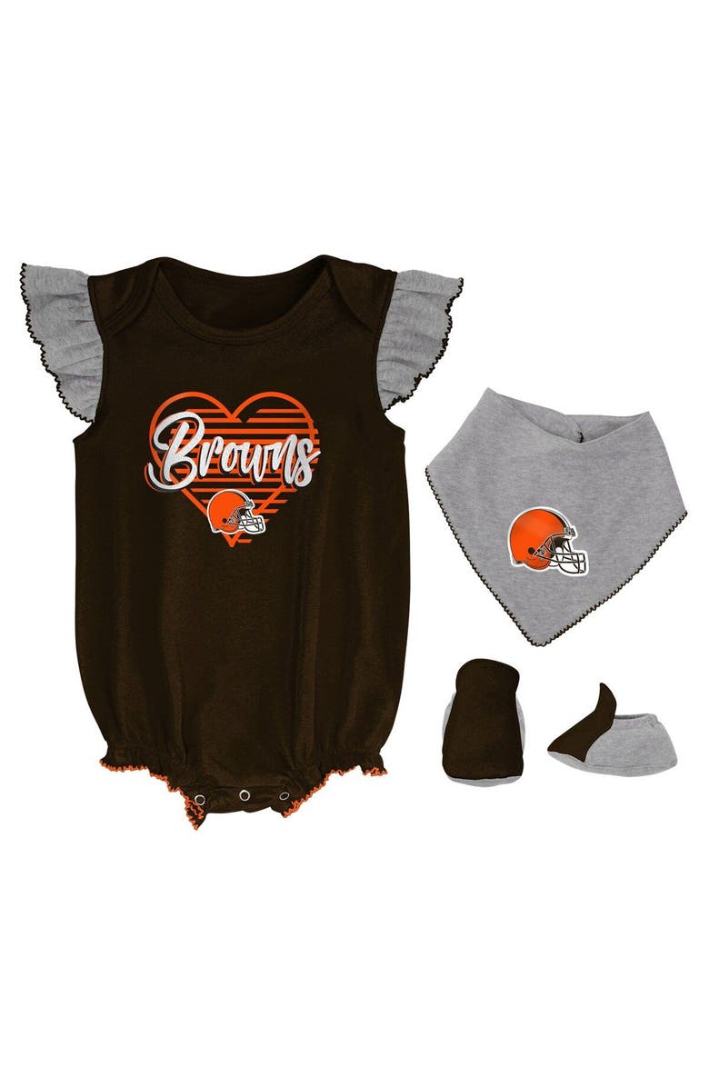 Outerstuff Girls Newborn & Infant Brown/Heathered Gray Cleveland Browns All The Love Bodysuit Bib & Booties Set, Main, color, Brown