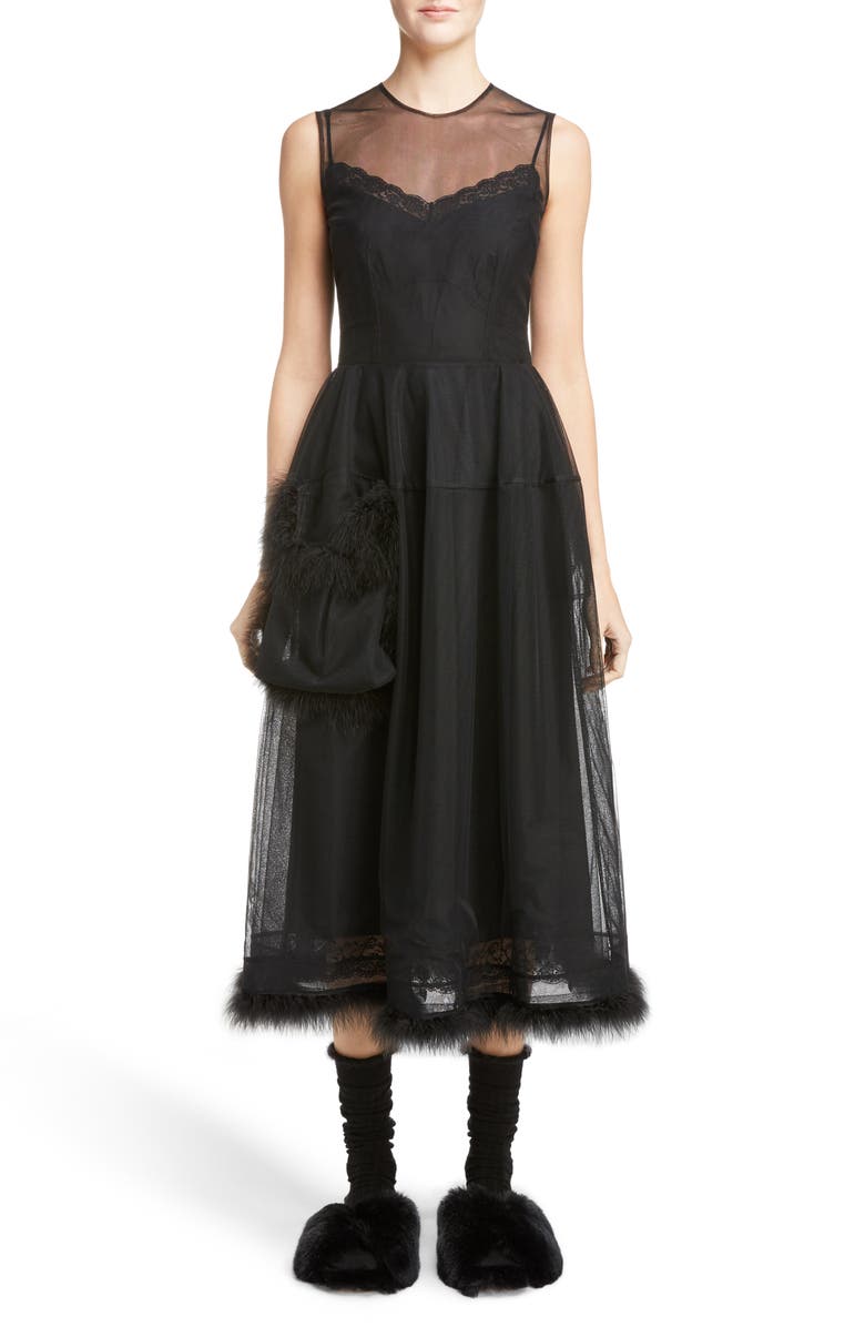 Simone Rocha Teddy Feather Trim Tulle Dress, Main, color,