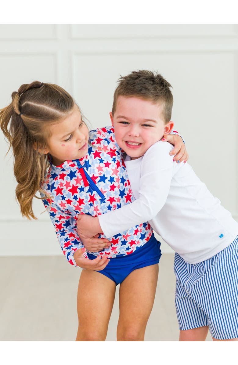 RuffleButts Girls UPF50+ Long Sleeve Zipper Rash Guard 2-Piece, Alternate, color, Shimmer Star-Spangled