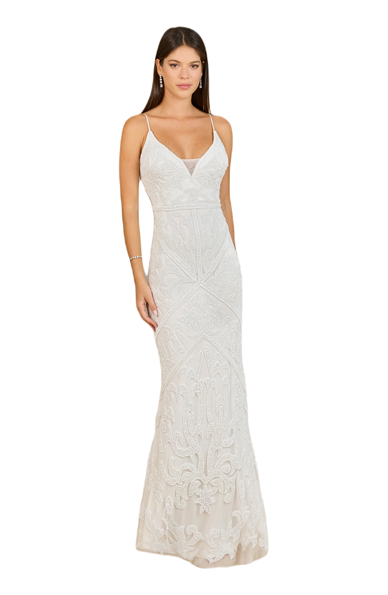LARA New York Beaded Spaghetti Strap Fitted Gown, Main, color, Ivory
