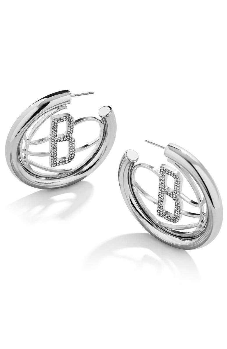 BaubleBar Brooklyn Nets Logo Large Hoop Earrings, Main, color, Silver