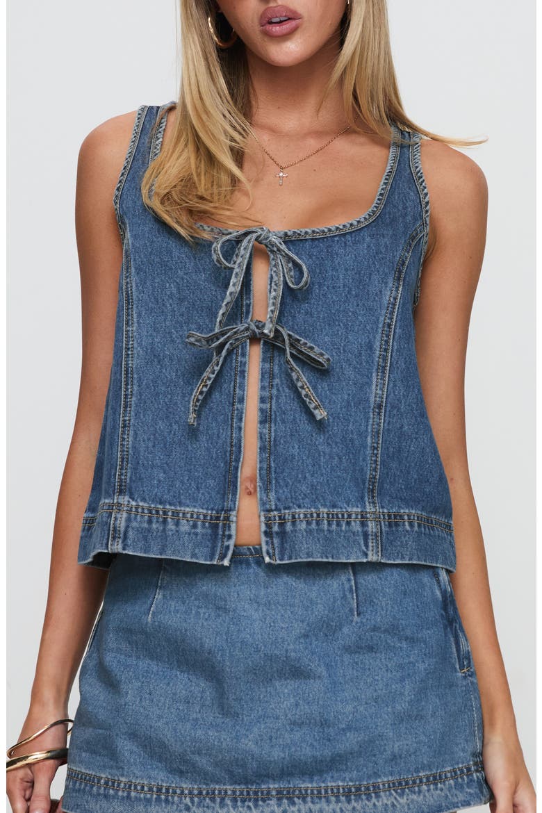 Stefenie Tie Front Organic Cotton Blend Denim Top, Main, color, MID WASH