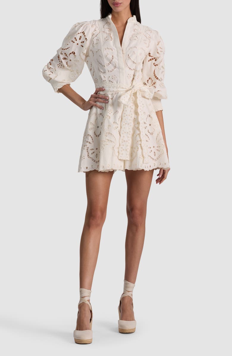 Alice + Olivia Lucy Embroidered Long Sleeve Minidress, Main, color, Off White