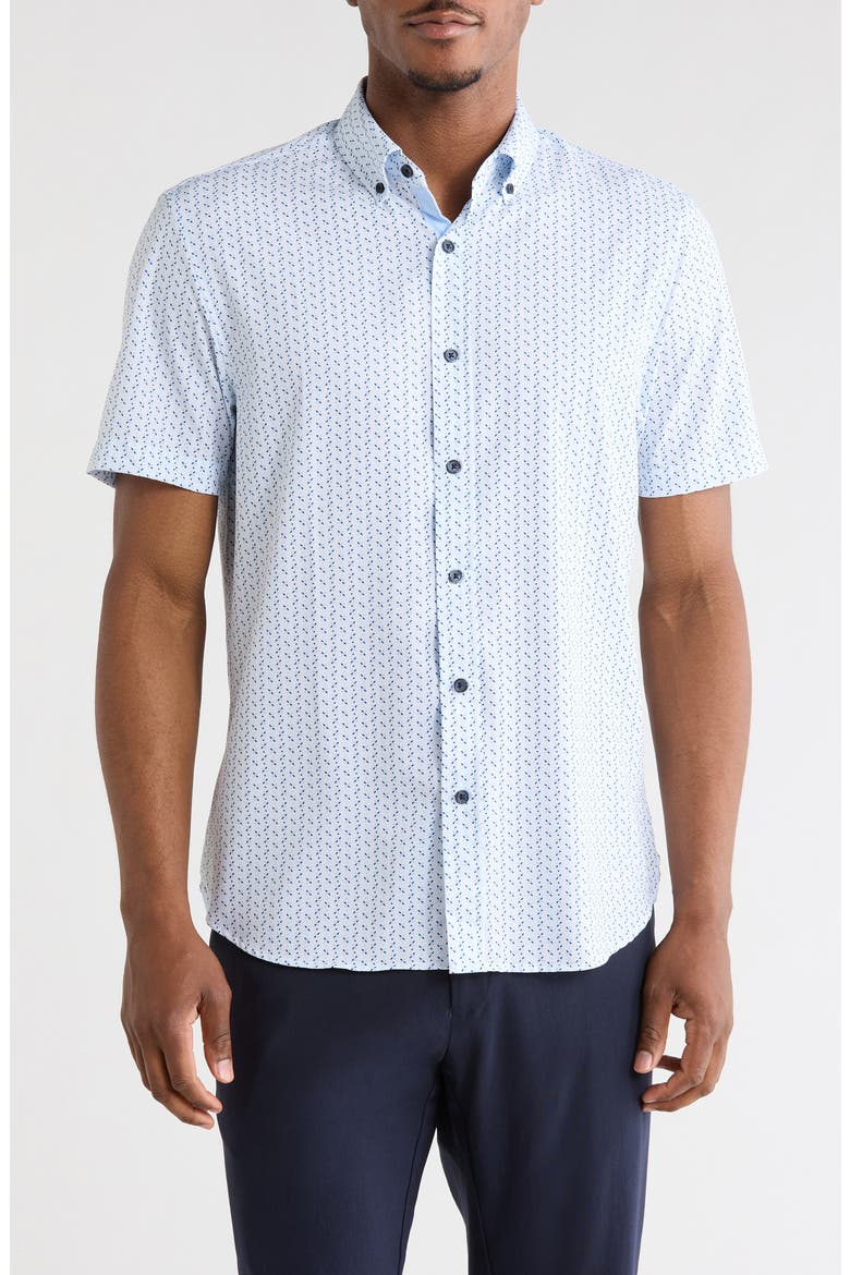 Slim Fit Geometric Print Short Sleeve Button-Down Shirt, Main, color, WHITE/ BLUE