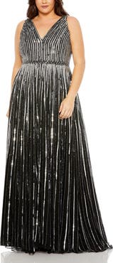 Mac Duggal Sequined Striped Sleeveless V Neck A Line Gown