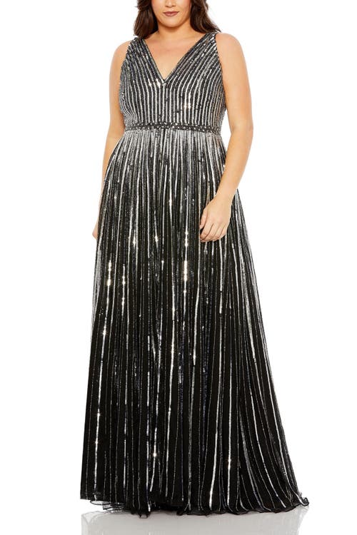 Mac Duggal Sequined Striped Sleeveless V Neck A Line Gown (plus) In Black Silver