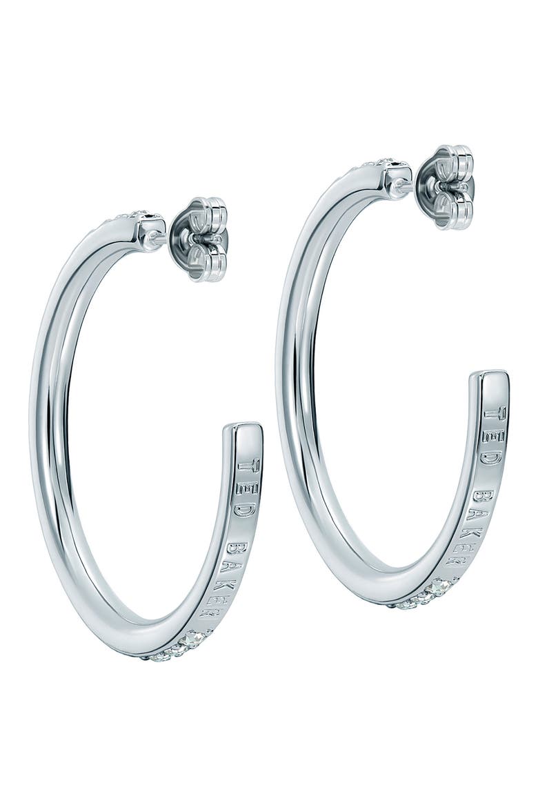 Clanci Medium Crystal Hoop Earrings, Alternate, color, SILVER TONE / CLEAR CRYSTAL