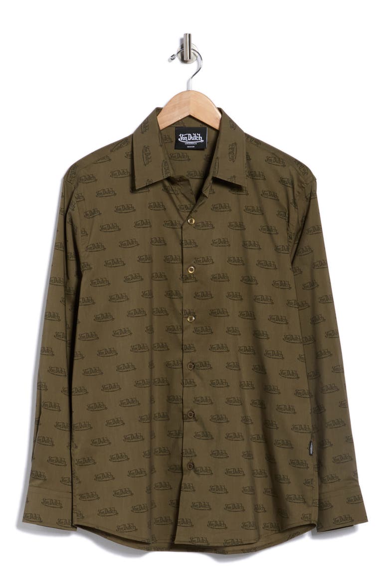 Logo Button-Up Shirt, Alternate, color, ARMY GREEN