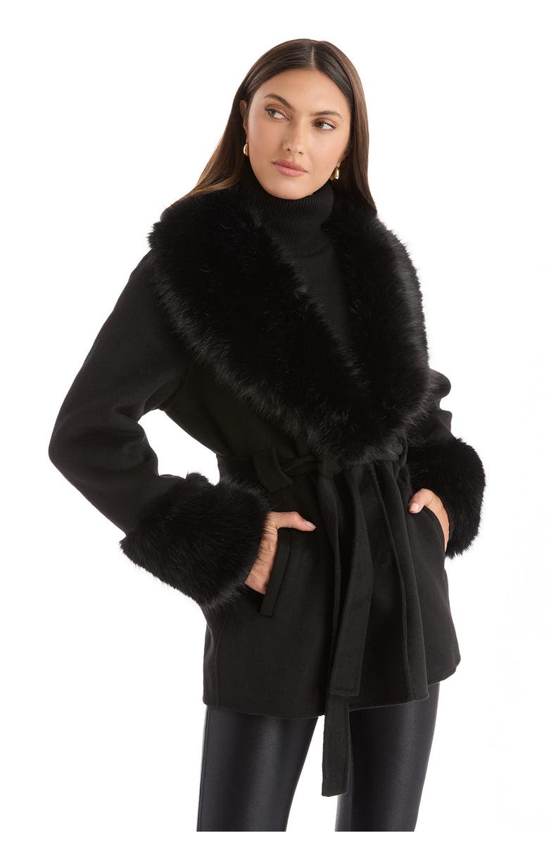 The Noli Shop Isabel Faux Fur Trim Coat, Alternate, color, Black