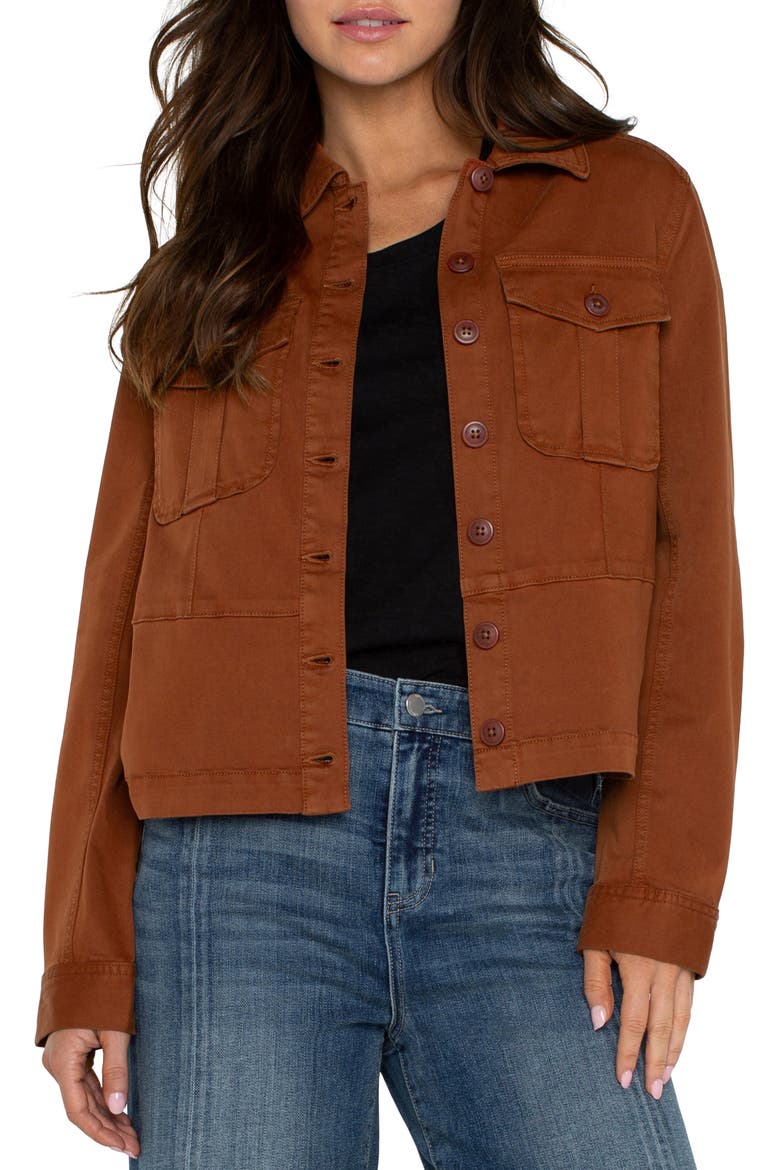 Peplum Twill Trucker Jacket, Main, color, BURLYWOOD