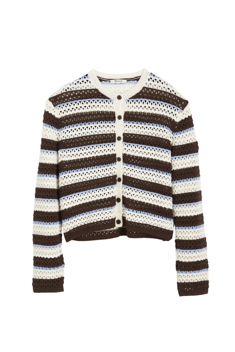 Stripe Pointelle Cardigan, Alternate, color, IVORY AND BROWN MULTI STRIPE