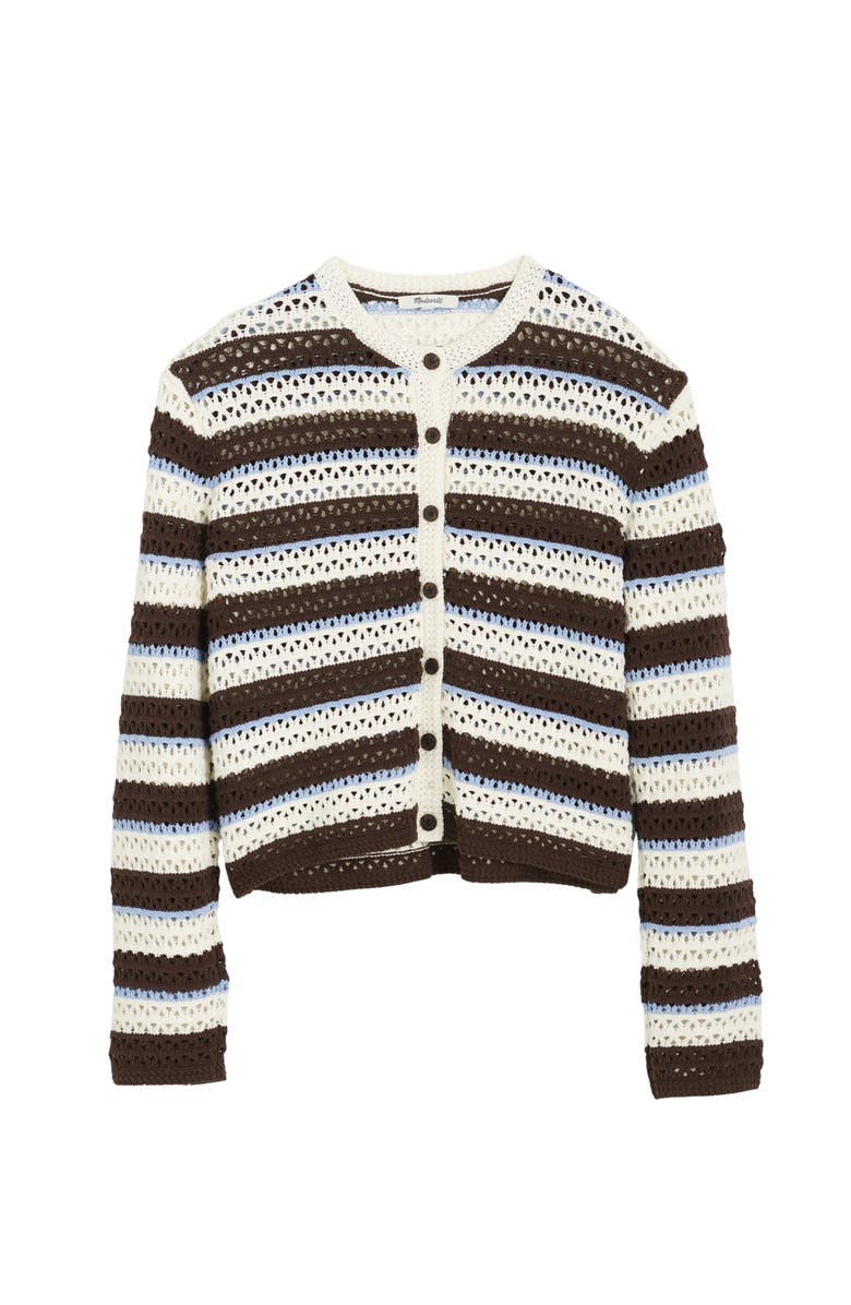 Madewell Stripe Pointelle Cardigan, Alternate, color, Ivory And Brown Multi Stripe