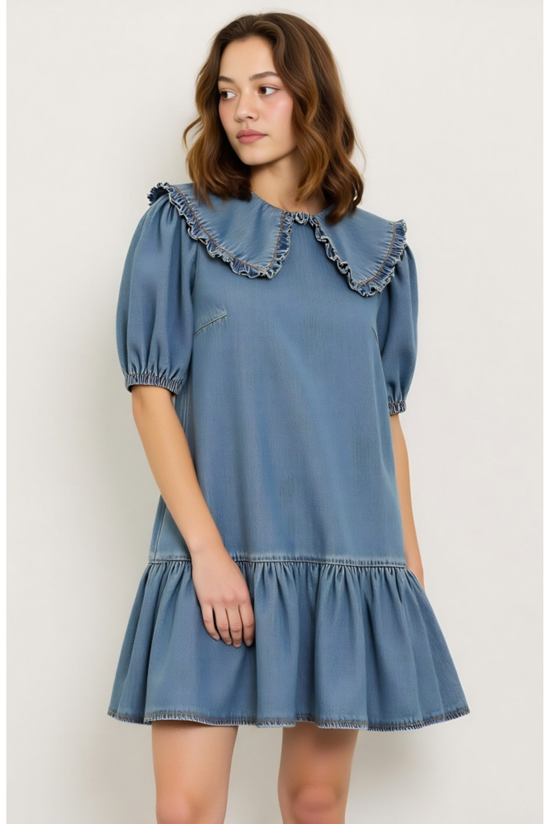 Ruffled Collar Dress with Puff Sleeves and Tiered Hem, Alternate, color, Light Blue