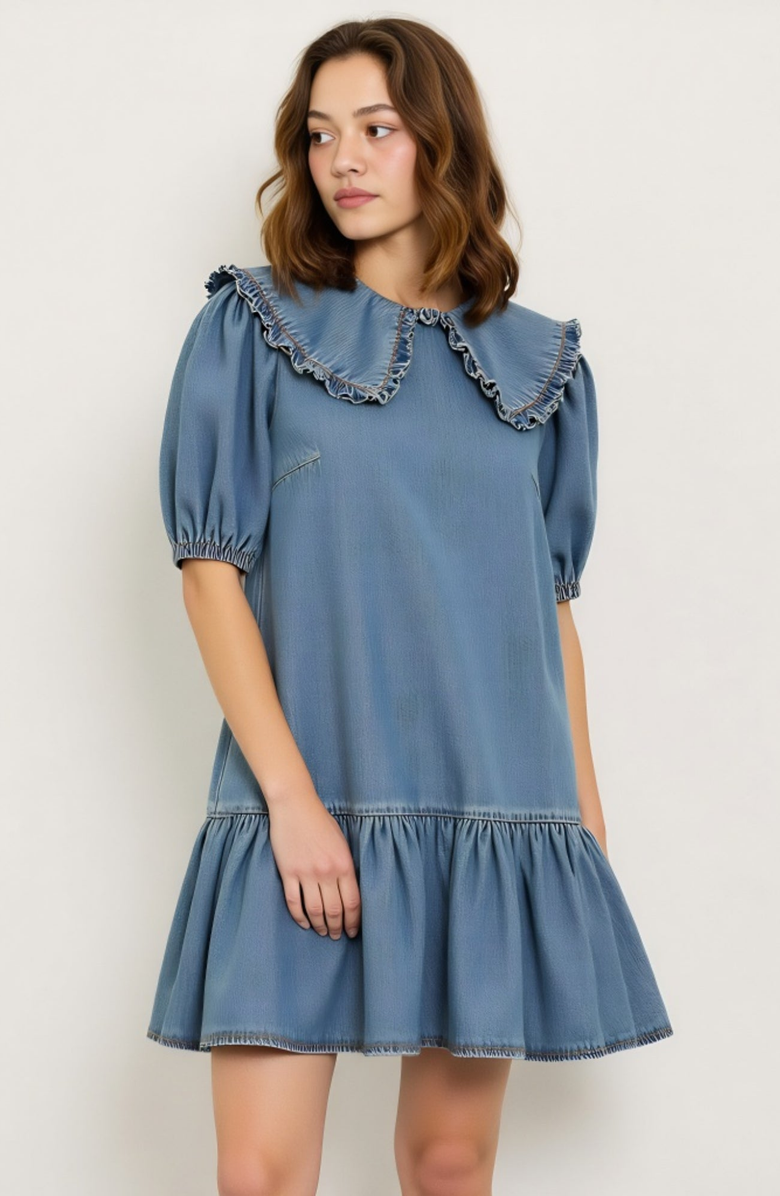 Modenaire Ruffled Collar Dress with Puff Sleeves and Tiered Hem, Alternate, color, Light Blue