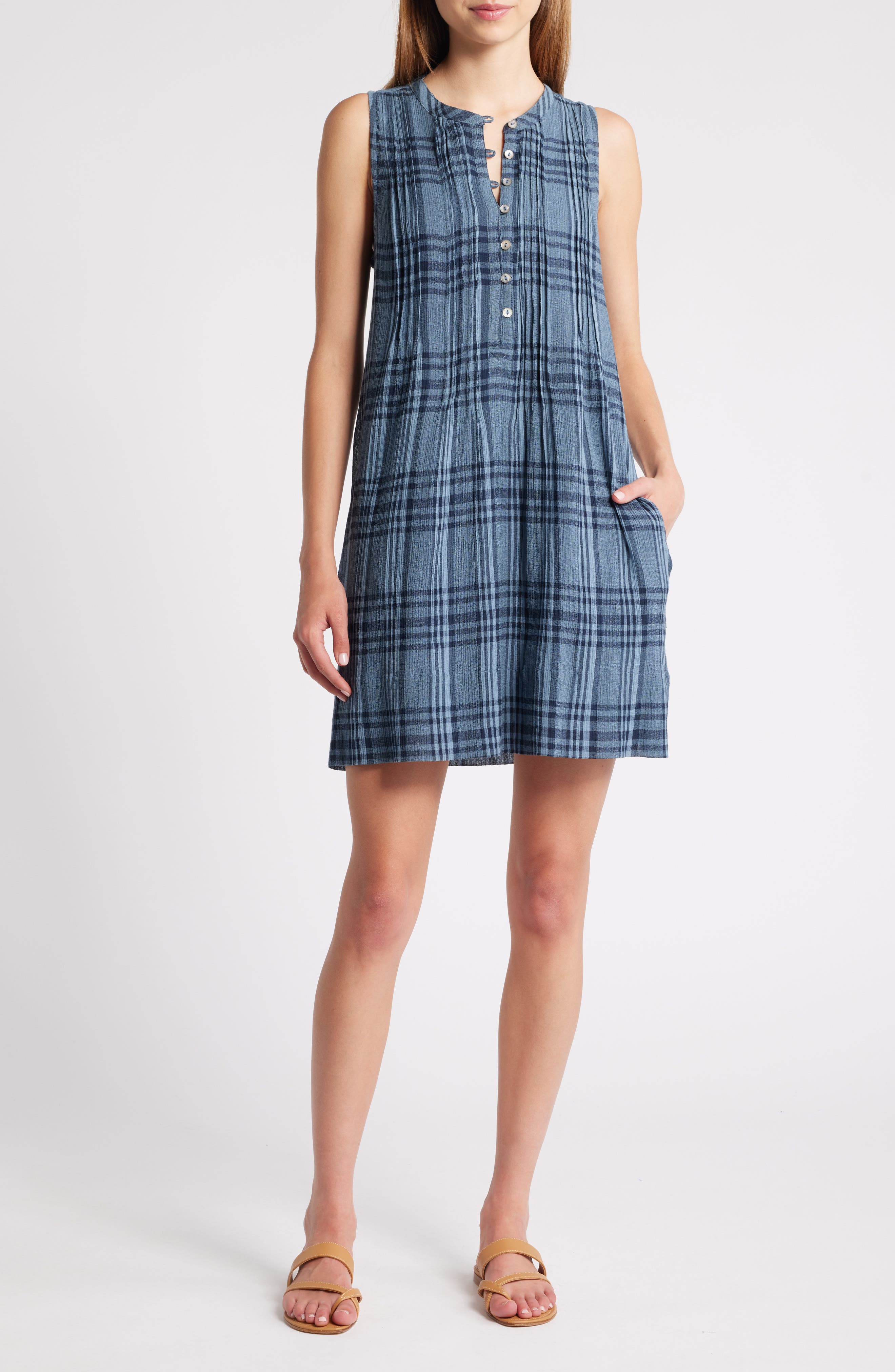 Faherty Isha Plaid Pintuck Organic Cotton Minidress