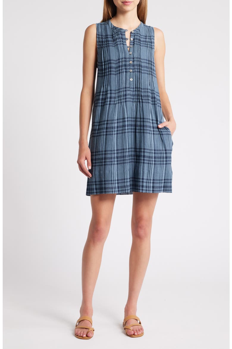 Isha Plaid Pintuck Organic Cotton Minidress, Main, color, CLEAR WATER NAVY