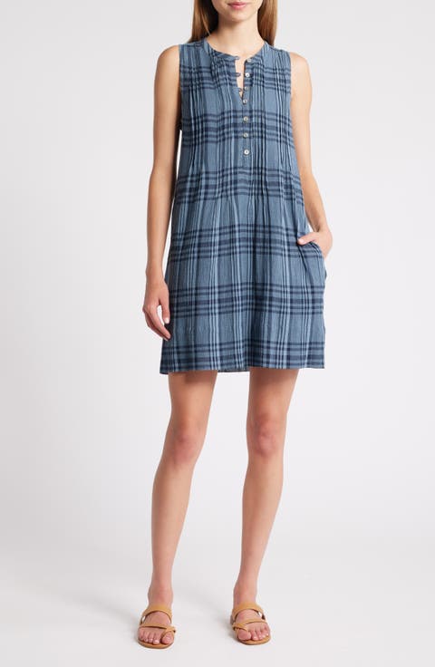 Isha Plaid Pintuck Organic Cotton Minidress