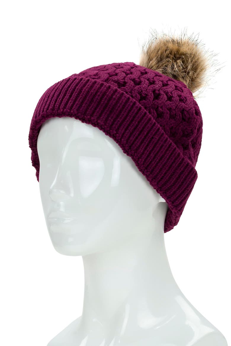 Faux Fur Pompom Beanie, Alternate, color, PLUM
