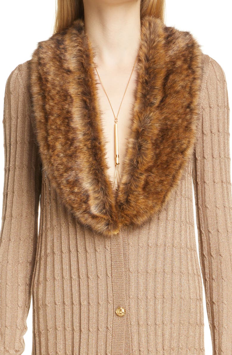 Saint Laurent Cable Knit Cardigan Long Sleeve Sweater Dress with Faux Fur Trim, Alternate, color, 