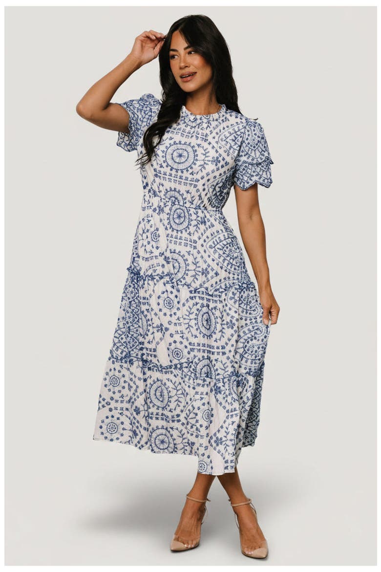 Mirabel Eyelet Midi Dress, Main, color, White + Blue