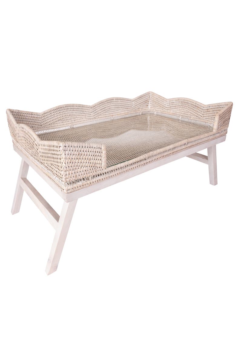 Artifacts Rattan Scallop Design Breakfast Tray with Wooden Legs & Glass Insert, Alternate, color, White Wash