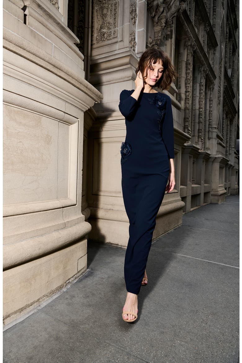 Stretch Crepe Floral Appliqué Gown, Alternate, color, NAVY