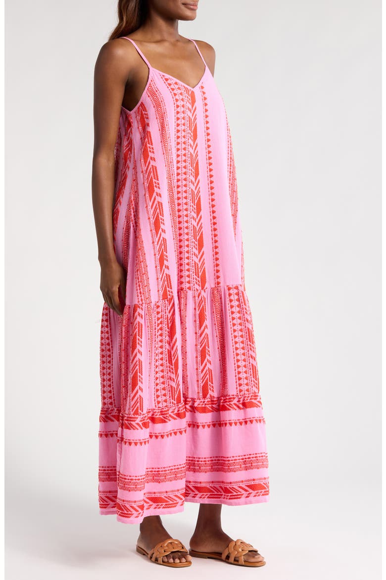 Embroidered Tiered Cotton Blend Cover-Up Maxi Dress, Alternate, color, RED TWO TONE
