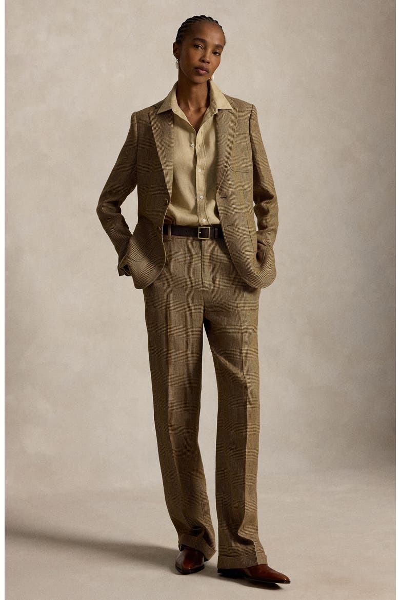 Single Breasted Glen Plaid Linen Blazer, Alternate, color, BROWN/ TAN GLEN CHECK