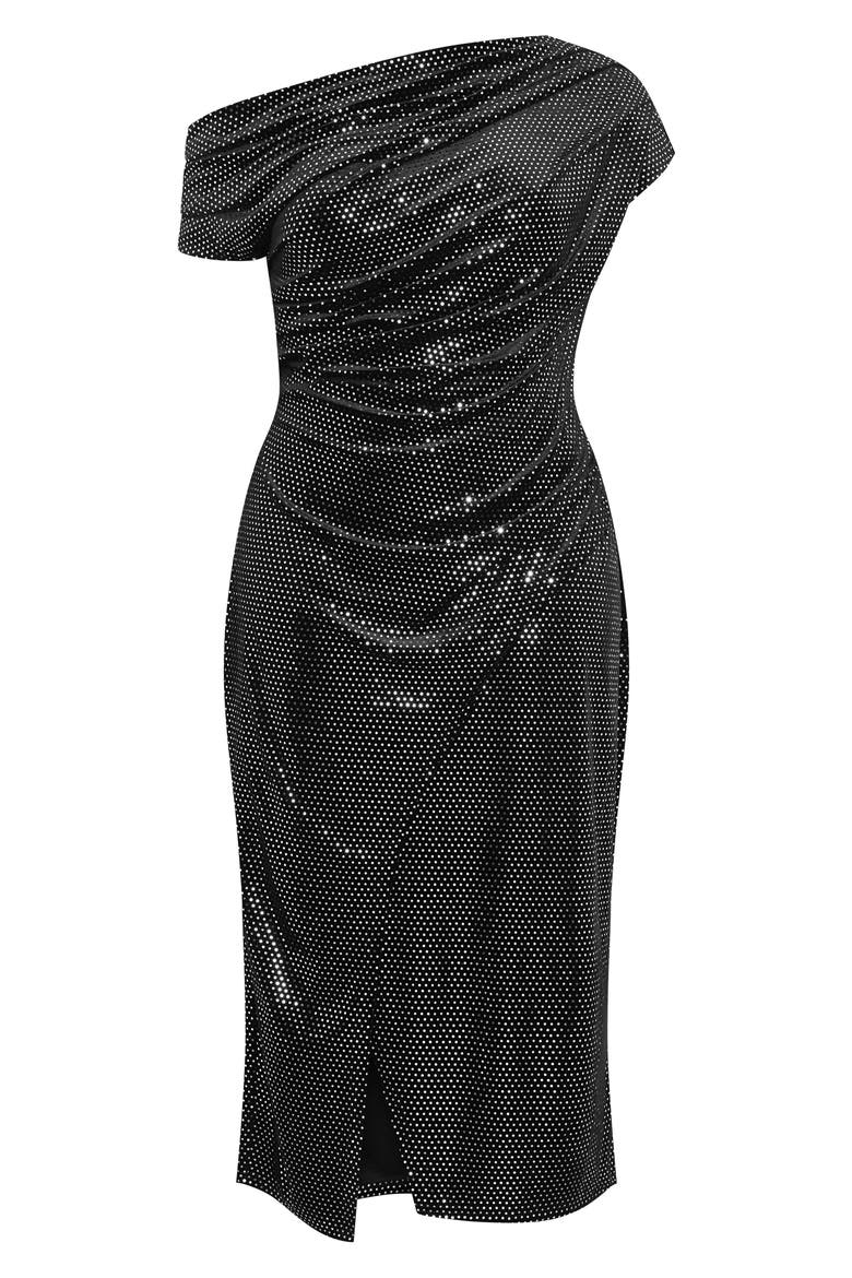 Shimmy Ruched One-Shoulder Midi Cocktail Dress, Alternate, color, BLACK