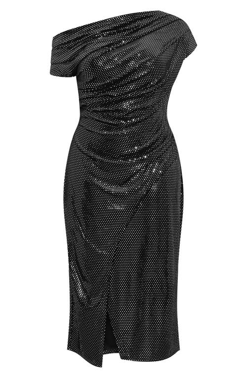 City Chic Shimmy Ruched One-shoulder Midi Cocktail Dress In Black