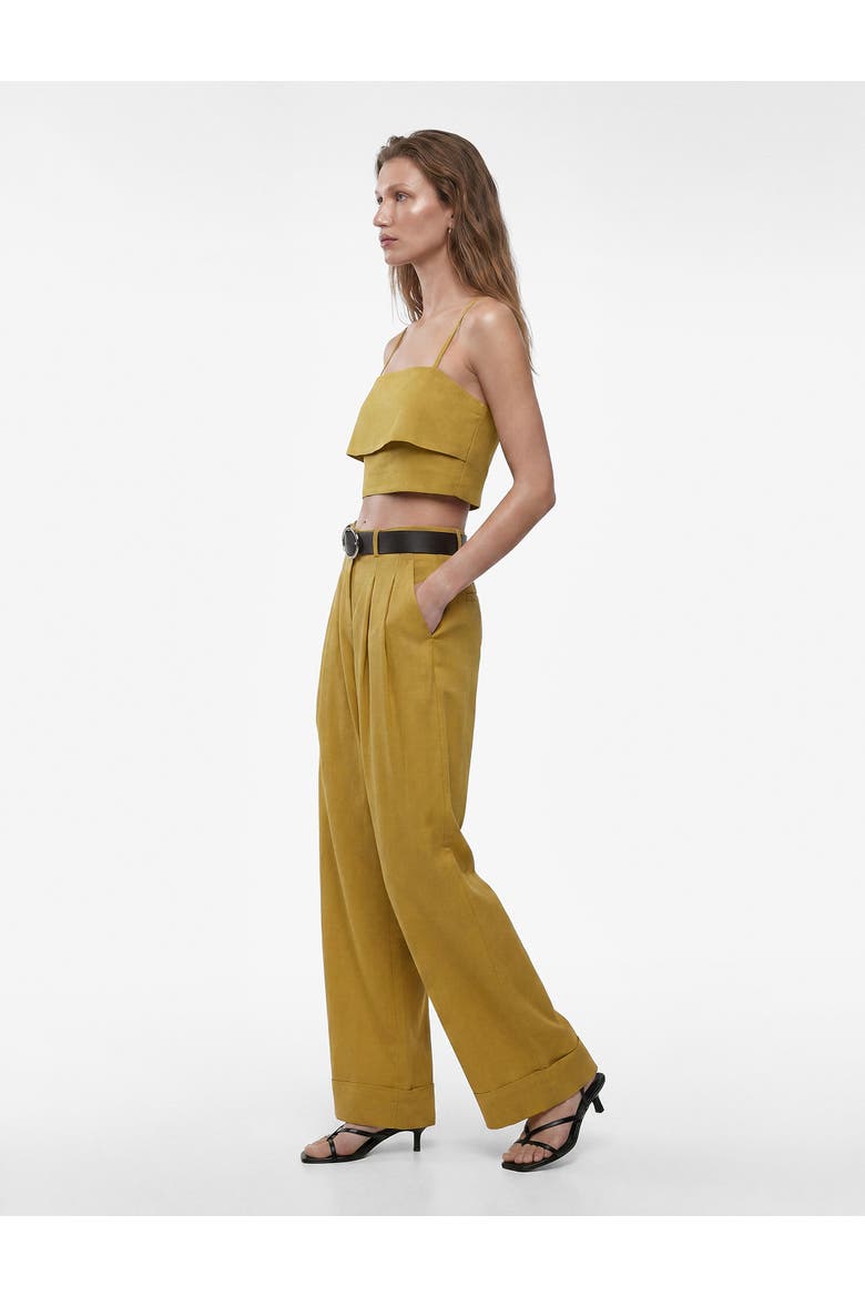 High Rise Belted Straight Fit Linen Blend Tailored Pants, Main, color, KHAKI