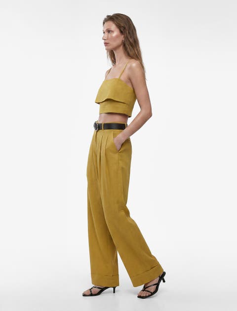 High Rise Belted Straight Fit Linen Blend Tailored Pants