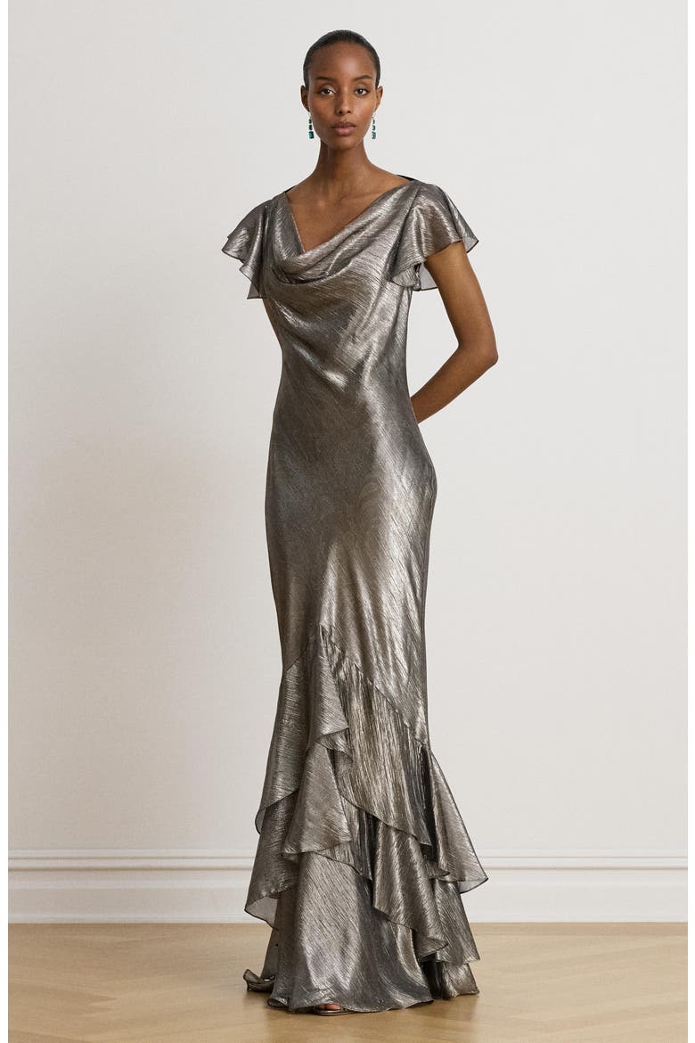 Paisley Metallic Ruffle Trim Gown, Alternate, color, GREY MULTI