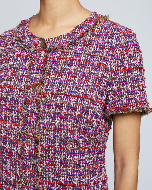 Santorelli Fringe Trim Tweed Shift Dress In Magenta Multi