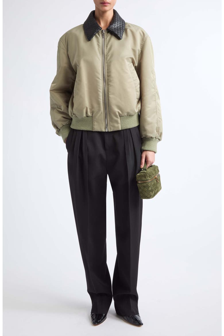 Intrecciato Leather Collar Nylon Bomber Jacket, Alternate, color, 3167 TARRAGON