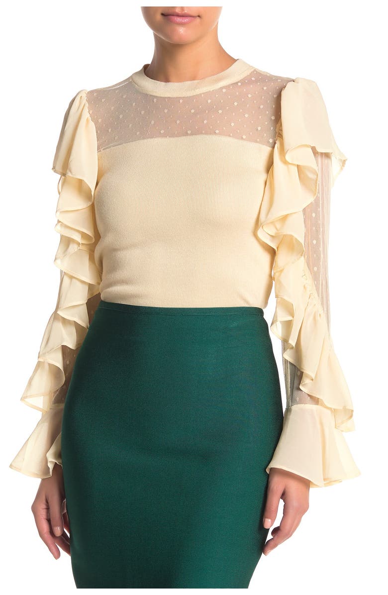 GRACIA Polka Dot Mesh Ruffle Sleeve Shirt, Main, color, 