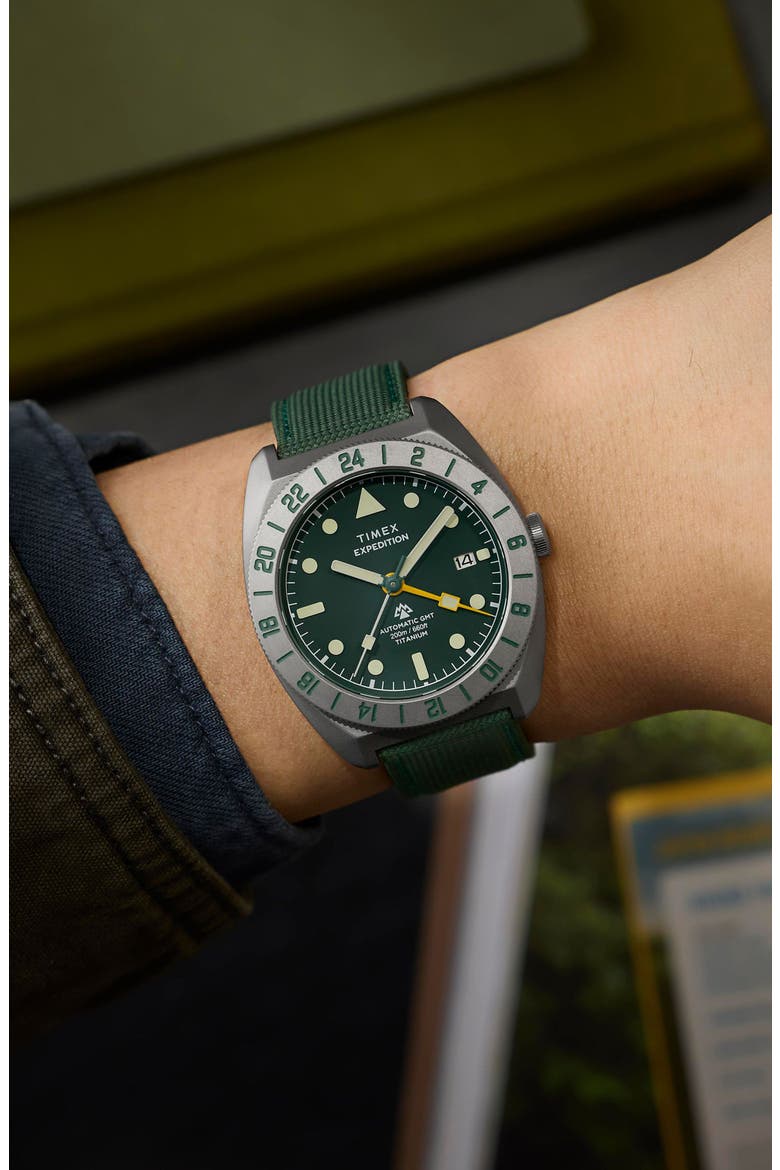 Expedition Pioneer Titanium GMT Automatic Webbing Strap Watch, 41mm, Alternate, color, TITANIUM